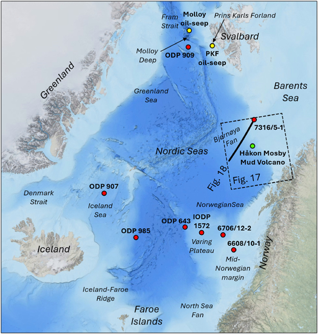 The map shows the two natural oil seeps west of Svalbard, and scientific boreholes and exploration wells where a young Miocene source rock has been proven.
