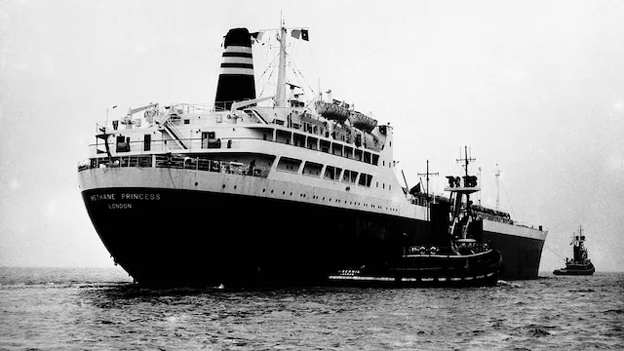Black and white photo of SS Methane Princess in sea